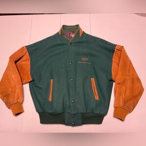 Vintage IBM green varsity jacket with suede leather sleeves